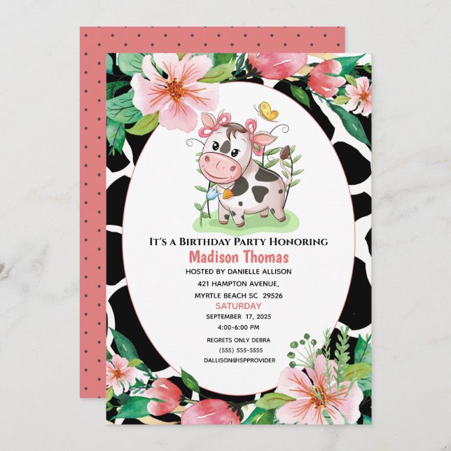 Invitation Floral Cow Imprimer Girls Anniversaire Fête Invita (Devant / Derrière)