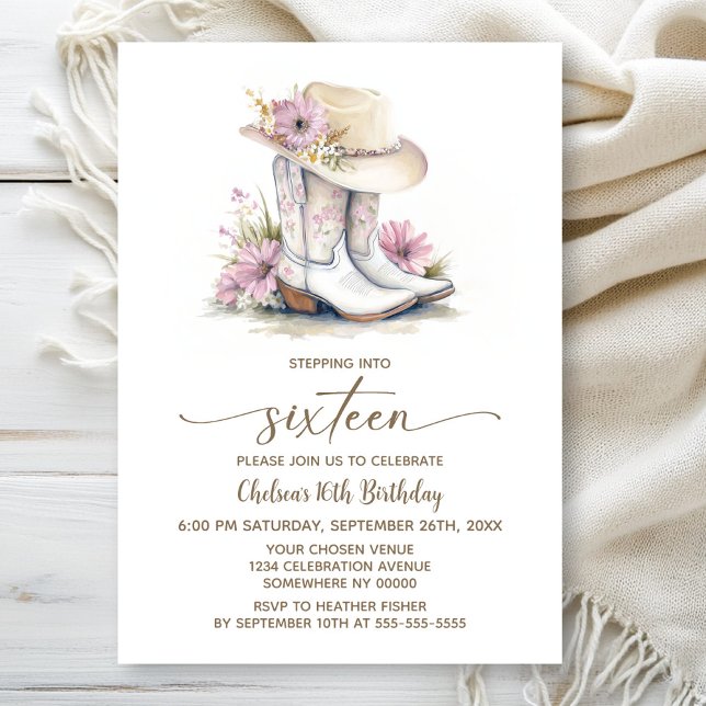Invitation Floral Cowgirl Boots and Hat 16th Birthday Party (Créateur téléchargé)