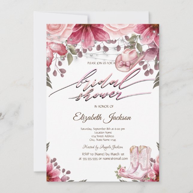 Invitation Floral Cowgirl Boots Hat Lights Bridal Shower  (Devant)