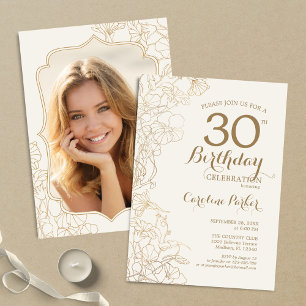 Invitation Floral Cream Gold Photo 30th Birthday Party