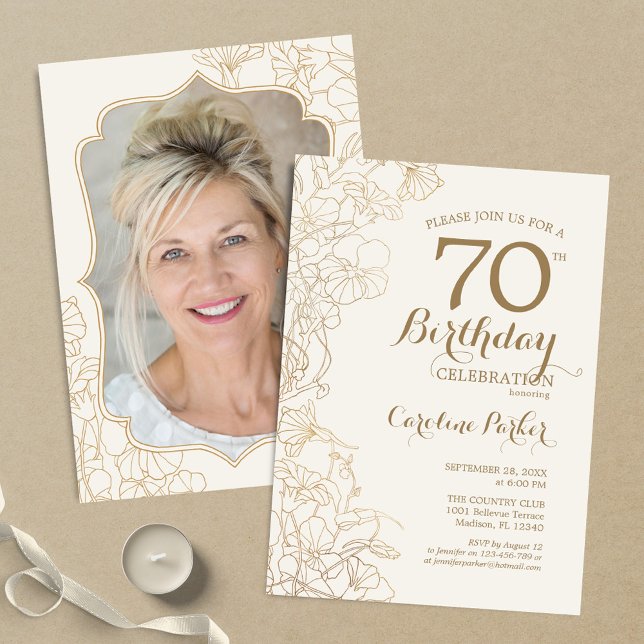 Invitation Floral Cream Gold Photo 70th Birthday Party (Créateur téléchargé)