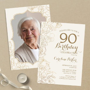 Invitation Floral Cream Gold Photo 90th Birthday Party