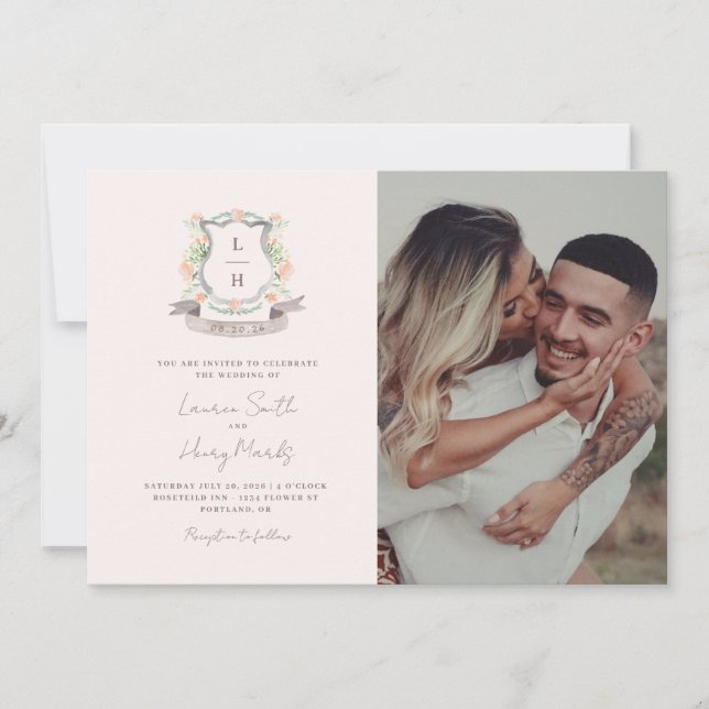 Invitation Floral Crest Aquarelle Monogramme Mariage (Devant)