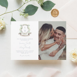 Invitation Floral Crest Aquarelle Monogramme Mariage