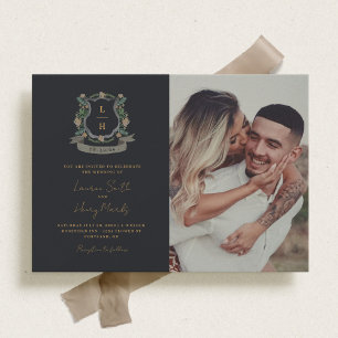 Invitation Floral Crest Aquarelle Monogramme Mariage