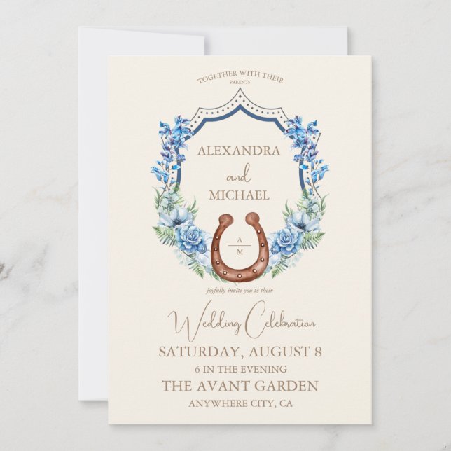 Invitation Floral Crest Western Horseshoe Monogram Mariage (Devant)