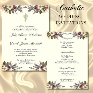 Invitation Floral Croix-Chrétienne Anneaux Mariages catholiqu