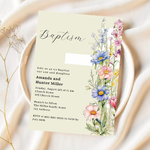 Invitation Floral croix fille garçon jumeaux rose bleu Baptêm