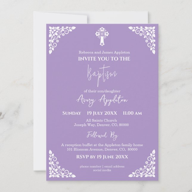 Invitation Floral Cross Baptism Lilac (Devant)