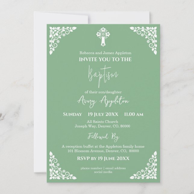 Invitation Floral Cross Baptism Sage Green (Devant)