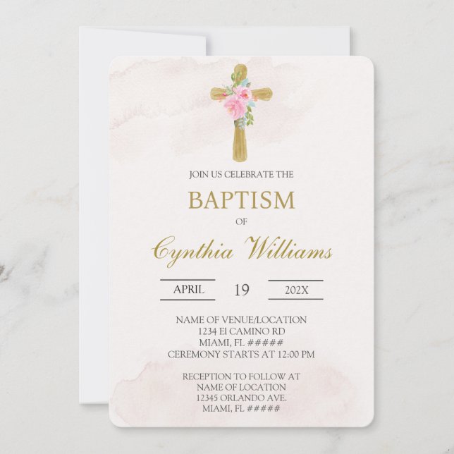 Invitation Floral cross beige baptism (Devant)