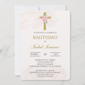 Invitation Floral cross beige Spanish baptism
