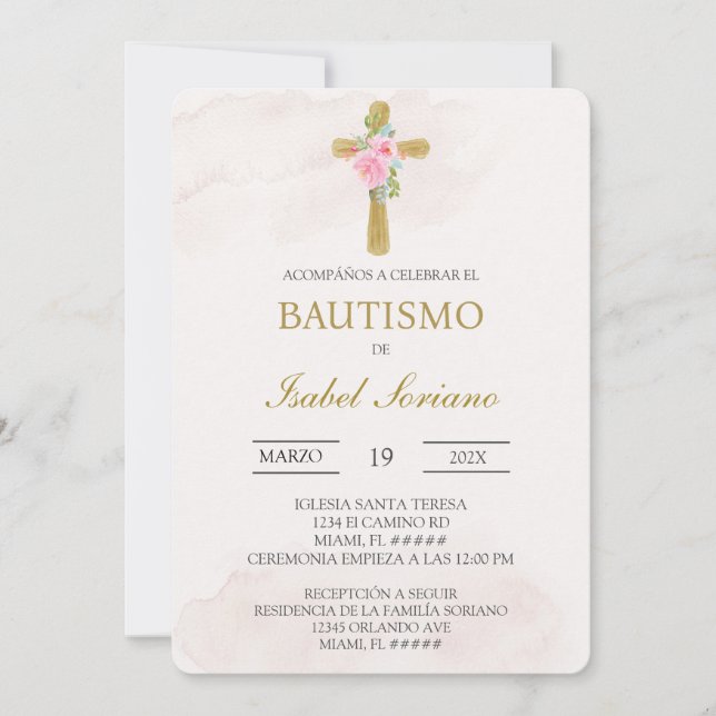 Invitation Floral cross beige Spanish baptism (Devant)