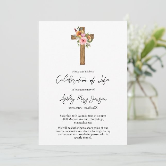 Invitation Floral Cross Celebration of Life Funeral (Debout devant)