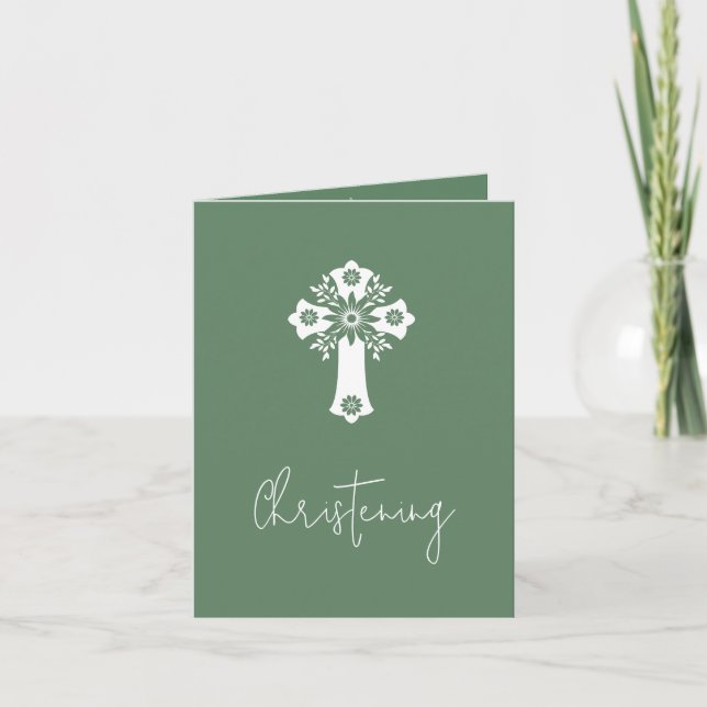 Invitation Floral Cross Christening Fern Green (Devant)