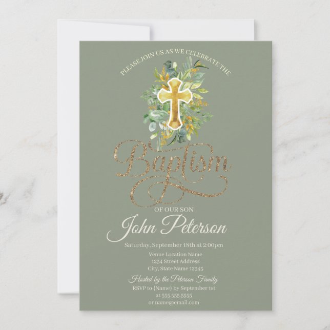 Invitation  Floral Cross Sage Green Baptism (Devant)