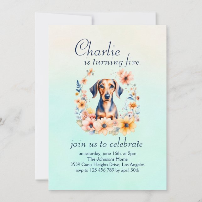 Invitation Floral Dachshund Chien Anniversaire (Devant)