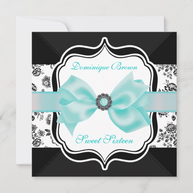 Invitation Floral Damask avec Bow Turquoise (Devant)