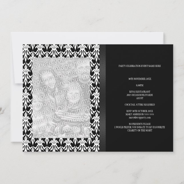 Invitation Floral Damask Black & White Photo Tous les événeme (Devant)
