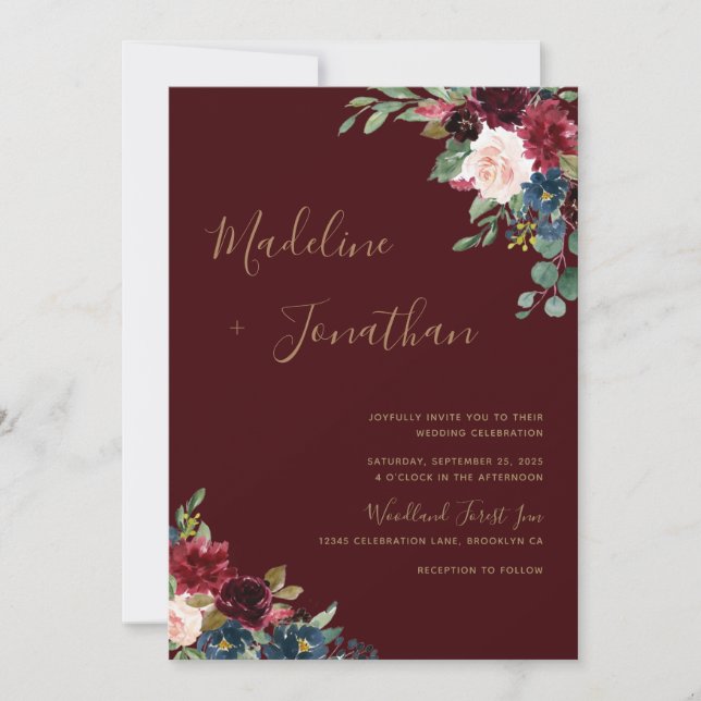 Invitation Floral Dark Moody Bourgogne Bijou Tone Mariage Inv (Devant)