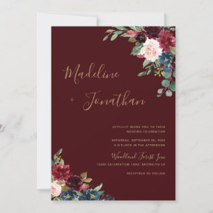 Invitation Floral Dark Moody Bourgogne Bijou Tone Mariage Inv
