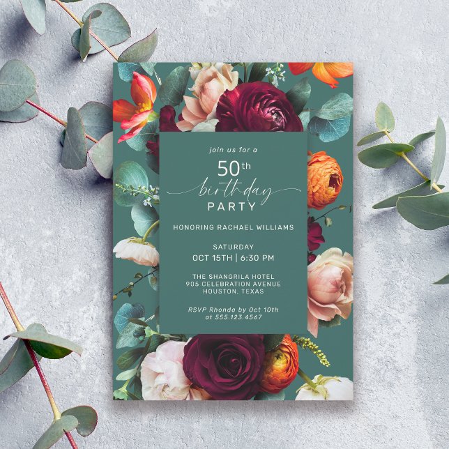 Invitation Floral d'automne moderne Turquoise 50e fête d'anni (Available in both printed and instant download digital formats.)