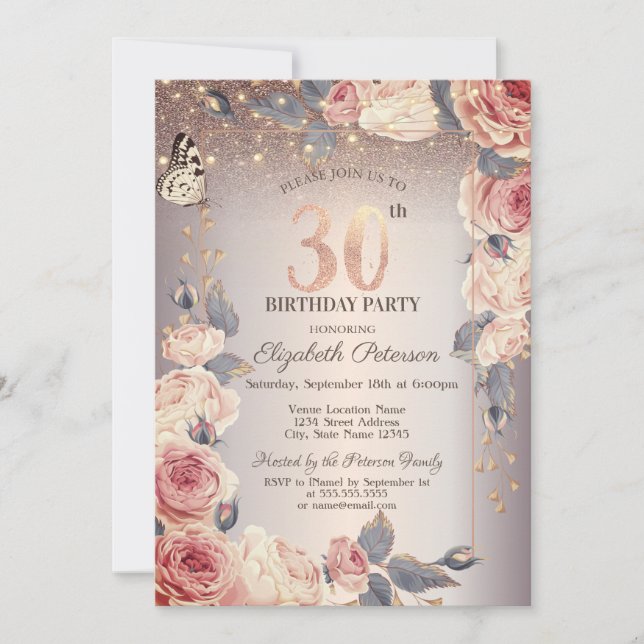 Invitation Floral de luxe, Papillon, Lumières 30e anniversair (Devant)
