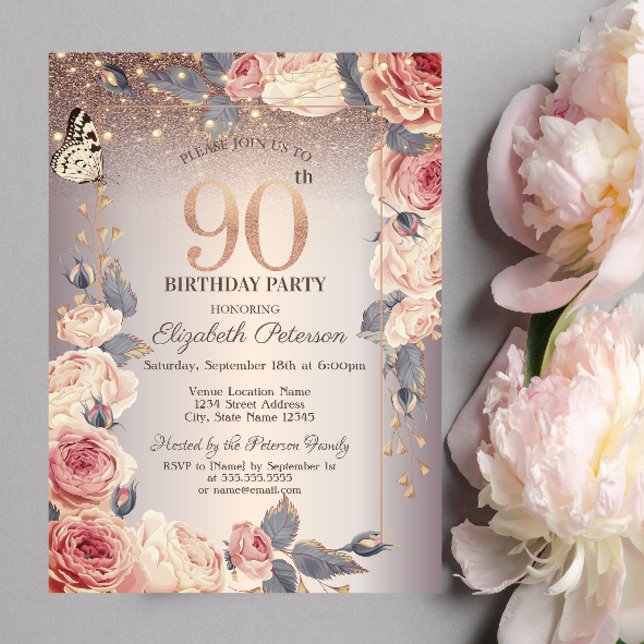 Invitation Floral de luxe, Papillon, Lumières 90e anniversair (Créateur téléchargé)