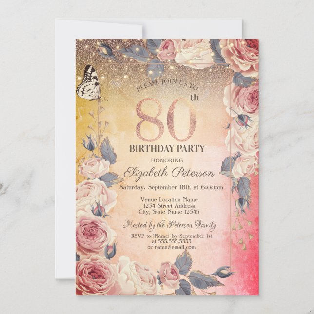 Invitation Floral de luxe, Papillon, Lumières Ombre 80e anniv (Devant)