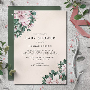 Invitation Floral de Magnolia rose Baby shower ivoire et ve