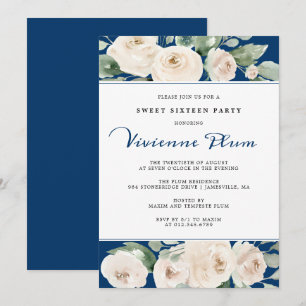 Invitation Floral de Rose blanche sur la Navy Blue Sweet sixt