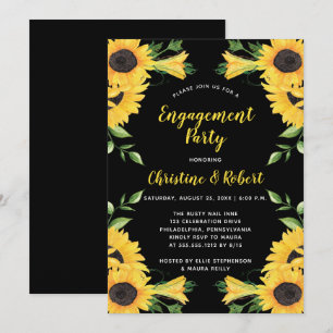 Invitation Floral de tournesol de Boho   Black Engagement Par