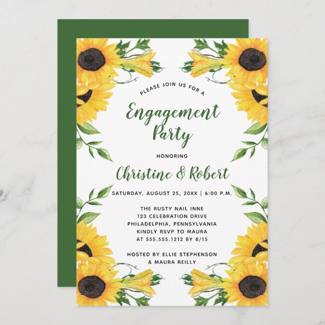 Invitation Floral de tournesol de Boho | Green Engagement Par (Devant / Derrière)