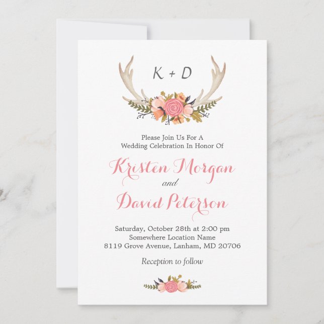 Invitation Floral Deer Antler Boho Chic Mariage Célébration (Devant)