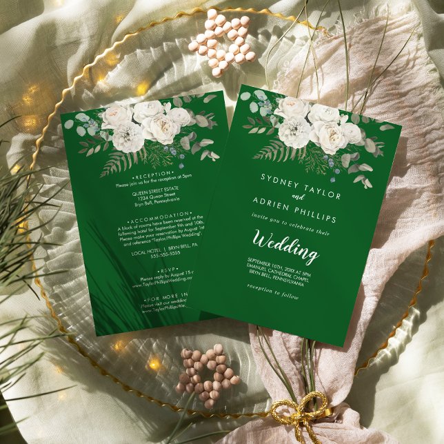 Invitation Floral d'hiver | Mariage avant et arrière vert (Créateur téléchargé)