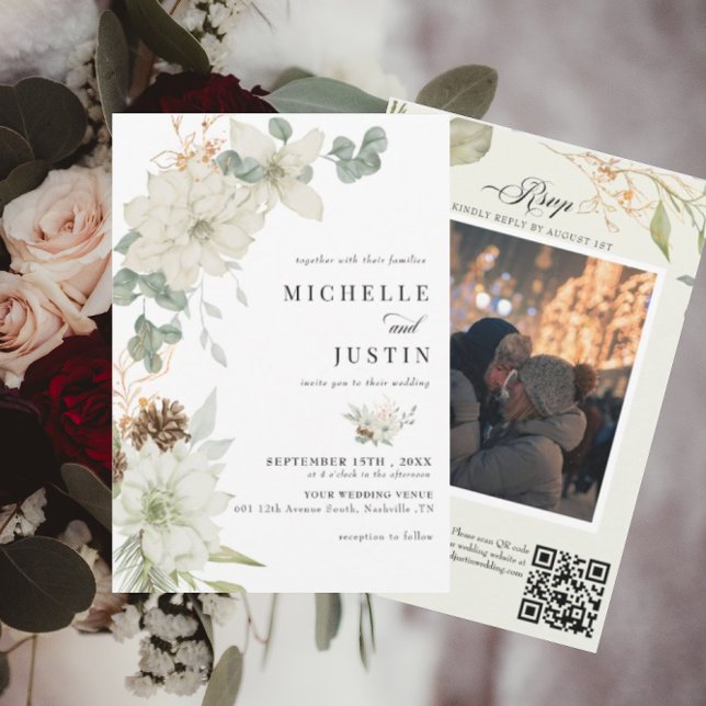 Invitation Floral d'hiver | Mariage photo rustique (Créateur téléchargé)