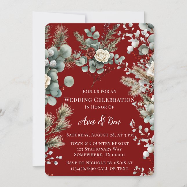 Invitation Floral d'hiver Rouge Rose blanche Mariage (Devant)