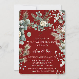 Invitation Floral d'hiver Rouge Rose blanche Mariage