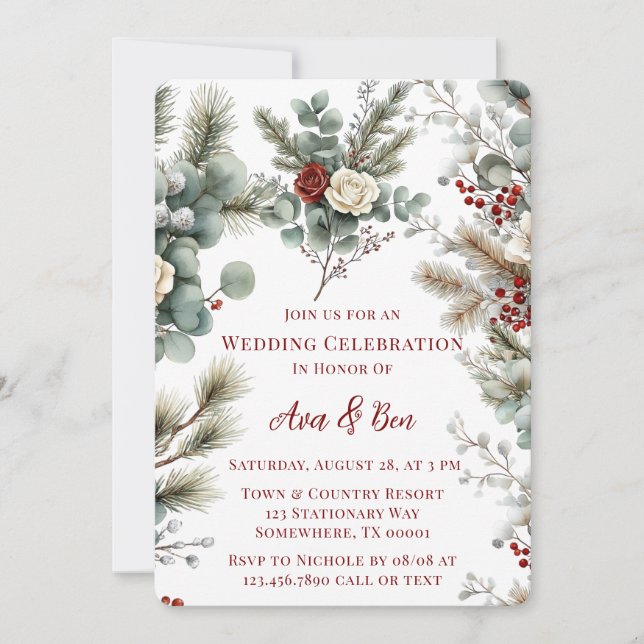 Invitation Floral d'hiver Rouge Rose blanche Mariage (Devant)