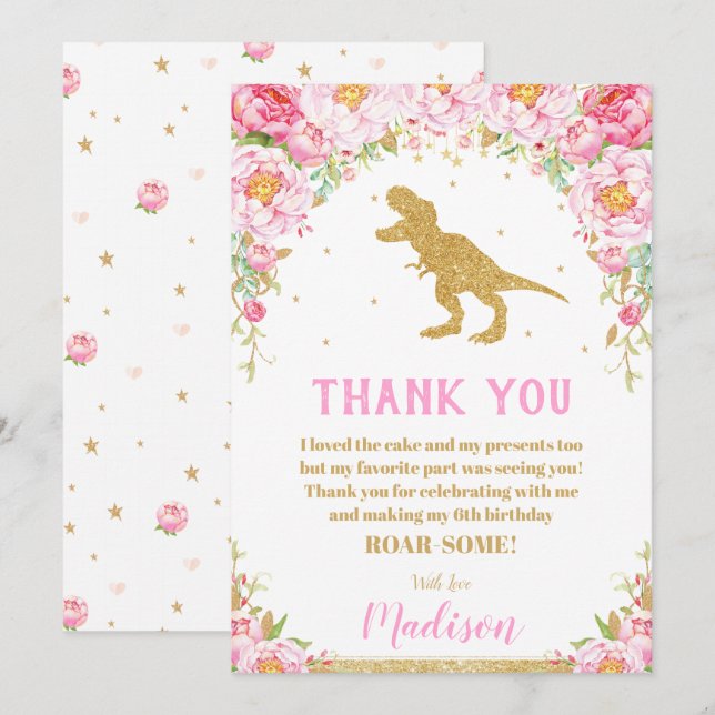 Invitation Floral Dinosaur Anniversaire Fille T-Rex (Devant / Derrière)