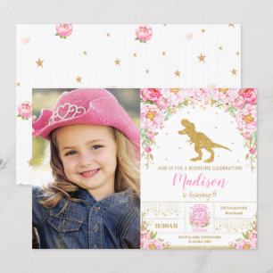 Invitation Floral Dinosaur Anniversaire Fille T-Rex Photo