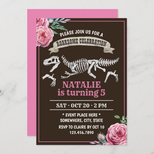 Invitation Floral Dinosaur Fille Anniversaire (Devant / Derrière)