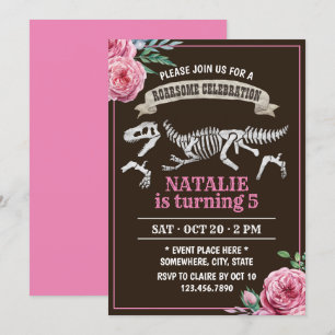 Invitation Floral Dinosaur Fille Anniversaire