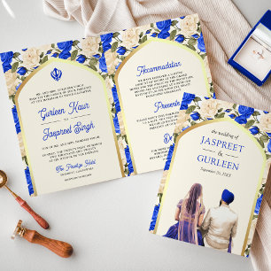 Invitation Floral d'ivoire bleu royal tout en un Mariage sikh