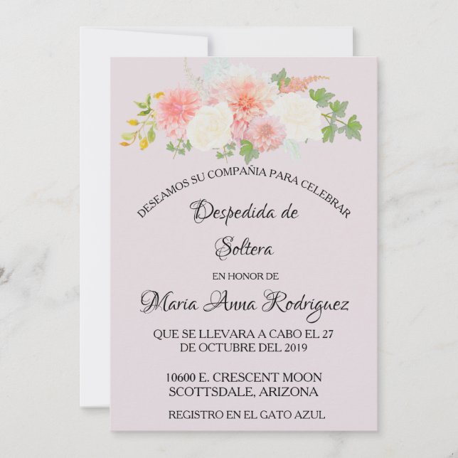 Invitation Floral d'ivoire rose pâle de Fête des mariées espa (Devant)