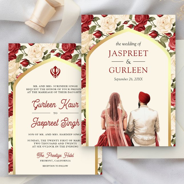 Invitation Floral d'ivoire rouge Punjabi Anand Karaj Sikh Mar (Créateur téléchargé)