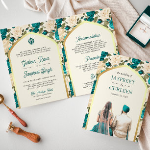Invitation Floral d'ivoire turquoise tout en un Mariage sikh
