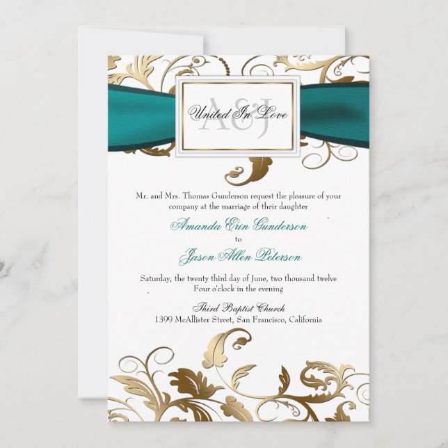 Invitation Floral d'or avec Bow Turquoise (Devant)
