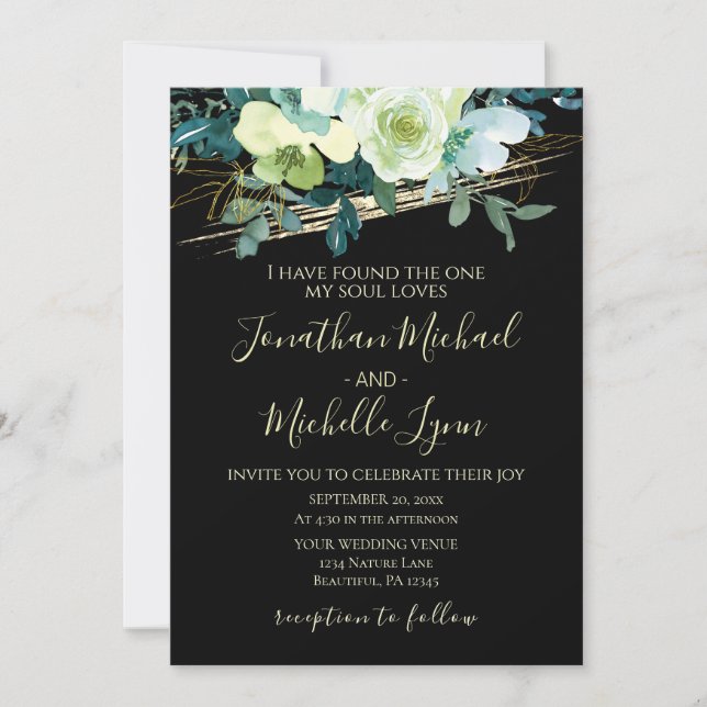 Invitation Floral d'or blanc bleu sur Mariage chrétien noir (Devant)