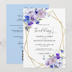 Invitation Floral d'or bleu violet tout en 1 QR Code Mariage